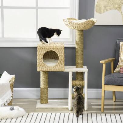 100.5cm Tall Cat Tree With Cave, Bed And Stairs, Sisal Scratching Posts And Cushions For Small Cats, Natural