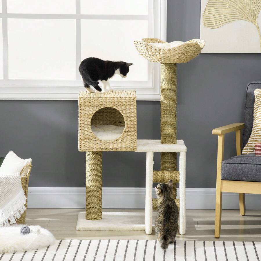100.5cm Tall Cat Tree With Cave, Bed And Stairs, Sisal Scratching Posts And Cushions For Small Cats, Natural - Wood Color - View 1