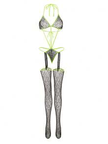 两件套女士性感内衣套装，性感连体衣和及膝袜，比基尼罩衫，性感修身渔网套装，情人节性感派对角色扮演服装 - 黑色 - 查看 6