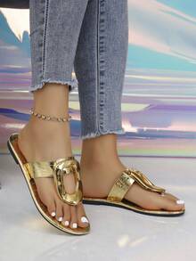 Gold Large Metal Buckle Women's Thong Flat Sandals, Solid Color Flat Sole, Open Back And Toe, Beach Casual Vacation (Runs Half Size Large) - Gold - View 14