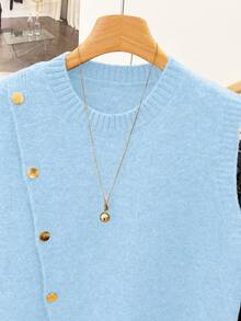 1pc Solid Color Short Round Neck Asymmetrical Button Design Fashion Sleeveless Sweater Vest, Versatile Knit Waistcoat Summer - Baby Blue - View 5