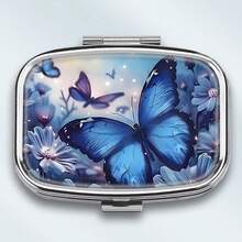 1PC Blue Butterfly Theme Pattern Metal Medicine Box - 2 Grid Portable Drug Storage Box,  Vitamin Organizer, Travel Or Handbag Decorative Gift, Lightweight Design, Special For Daily Medication - Kiểu dáng a - Xem 1