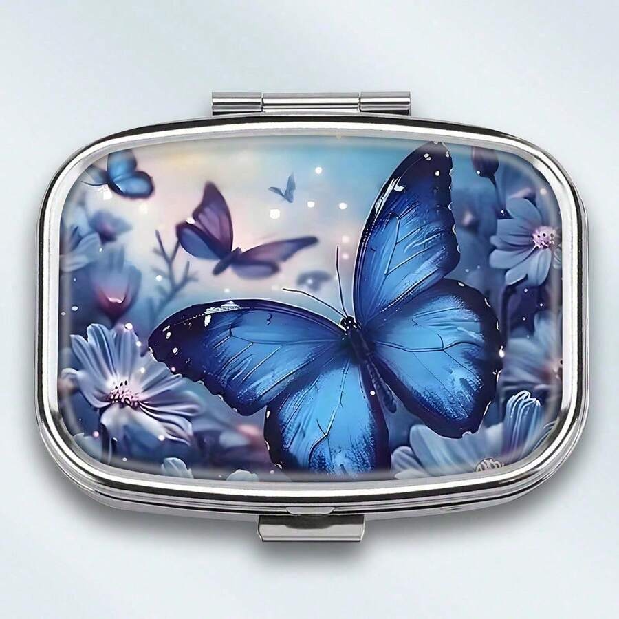 1PC Blue Butterfly Theme Pattern Metal Medicine Box - 2 Grid Portable Drug Storage Box, Vitamin Organizer, Travel Or Handbag Decorative Gift, Lightweight Design, Special For Daily Medication - Kiểu dáng a - Xem 1