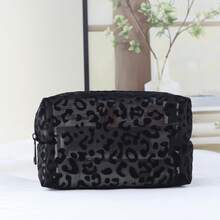 Minimalist Fashion Makeup Organizer Bag, Black Breathable Leopard Print Material Cosmetic Bag, Convenient Zipper Closure Octagonal Pouch, Suitable For Travel And Daily Use, Great Gift Option - Black - View 2