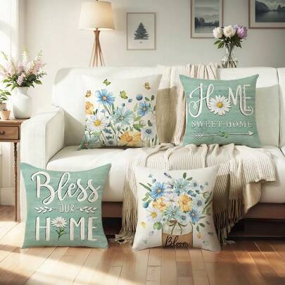 4 件套春季农舍风格花卉装饰抱枕套，沙发靠垫套，家居装饰