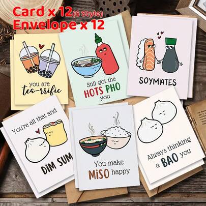 24pcs Asian Cuisine Greeting Cards With Envelopes, 6 Designs, 4x6 Inches, Suitable For Wedding, Valentine's Day, Thanksgiving, Blessings And Thank You Notes
