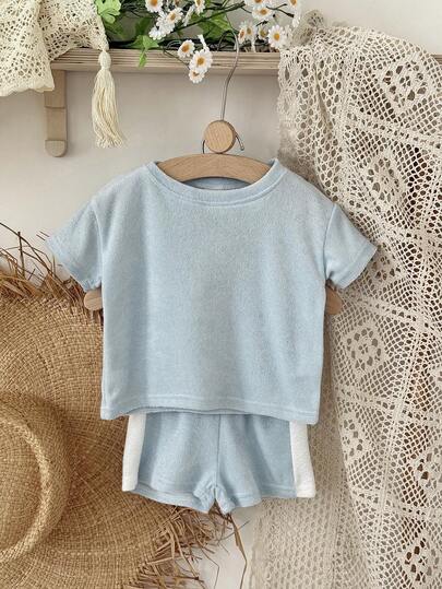 2pcs/Set Baby Boys/Girls Soft Blue T-Shirt And Contrast Color Shorts Set, Summer