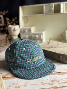 Retro Plaid "Lovely Love" Embroidered Soft-Top Comfortable Adjustable Peaked Cap, Unisex Green/Blue - A - View 7
