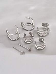 7件套精致镂空可调节夹式耳环和耳钉套装，简约百搭，适合女性日常佩戴 - 銀色 - 查看 2