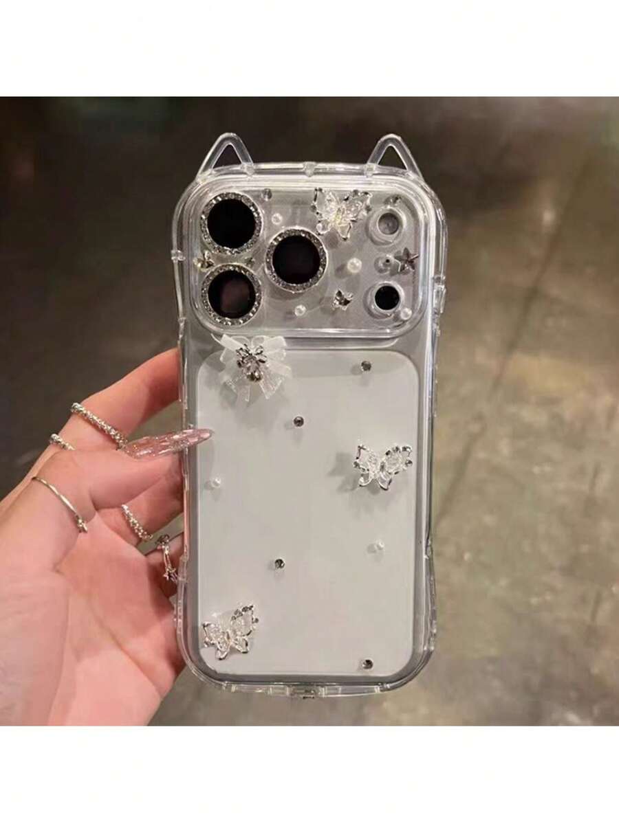 1个Y2K透明闪光钻石蝴蝶结手机壳，适用于 17 Pro Max 17 Pro Air 16 15 14 13 12 11 Pro Max Plus X XS XR 8 7，带卡通猫吊坠，柔软硅胶材质 - 白蝴蝶結 - 查看 1