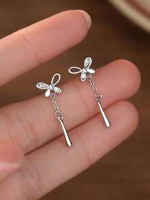 Of Stylish And Elegant Bow Tassel Drop Sterling Silver Earrings For Women, Cute Earrings, Exquisite Jewelry, Birthday Gifts, Daily Wear - 銀色 - 查看 2