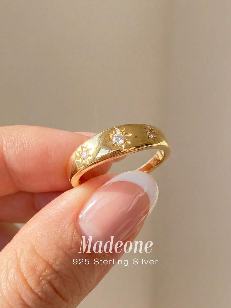 MADEONE 1 Stück 925 Sterling Silber geometrischer Stern Kubikzirkonia Ring, Damenschmuck, eleganter Ring, exquisites Accessoire, Geburtstagsgeschenk für sie - Gold - Übersicht 1
