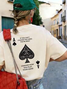 新款黑桃A印花图案圆领短袖T恤。女士新款简约可爱图案休闲度假风宽松百搭圆领短袖T恤，时尚日常穿着，适合情人节、返校季、教师节等节日。字母印花短袖T恤，柔软宽松舒适，高端街头度假风宽松休闲百搭短袖上衣，夏季必备。 - 杏色 - 查看 1