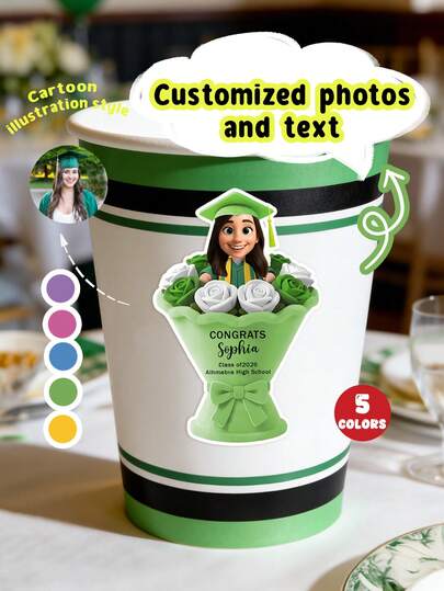 Bộ 5/10/20 miếng dán ảnh hoạt hình tốt nghiệp tùy chỉnh, miếng dán bó hoa mũ tốt nghiệp nhiều màu sắc cá nhân hóa, miếng dán minh họa hoạt hình tên và tên trường tùy chỉnh, miếng dán trang trí mùa tốt nghiệp, đồ dùng tiệc tốt nghiệp cho cốc, quà tặng, phong bì, miếng dán trang trí tiệc/tiệc chiêu đãi/tặng quà tốt nghiệp, món quà tốt nghiệp lý tưởng cho sinh viên tốt nghiệp năm 2026, bạn bè và gia đình, miếng dán chống thấm nước, quà tặng cá nhân hóa.