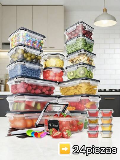 24 Recipientes Contenedores Herméticos para Almacenar Alimentos en Cocina Juego Organizadores de Plástico Resistente Conservación Frescura Versátiles Uso Hogar y Despensa