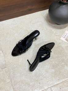 女士高跟凉鞋，蕾丝尖头穆勒高跟凉鞋，甜美优雅的粉色时尚高跟凉鞋 - 黑色 - 查看 4