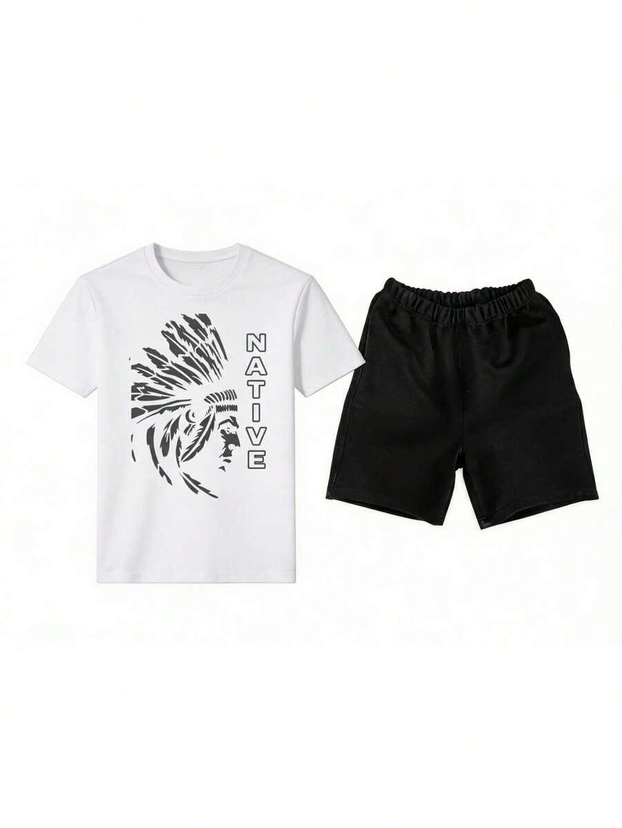 Conjunto para hombre casual urbano con estampado gráfico y letras tela cómoda ajuste holgado cuello redondo manga corta primavera verano uso diario camiseta y shorts - Blanco 2 - Ver 1