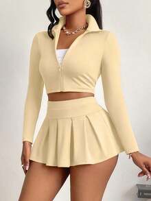 Women's Sexy 2-Piece Set, Slimming Top And Girly Style Safety Pants/Skirt, Suitable For Sports,Daily Life,Tennis,L Elegant Zipper Design,Autumn/Winter - 杏色 - 查看 4