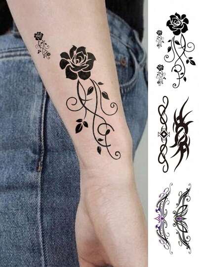 3张女士身体彩绘临时纹身贴纸，图案包含神秘花朵、宝石和荆棘。防水仿真纹身，可持续2-5天，适用于手部、手臂、颈部、肩部、腰部和腿部。可作为臂环或腿环使用。适用于节日、派对、送礼、音乐节、情人节等各种场合。