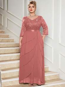 大尺碼 V 領亮片花卉蕾絲荷葉邊雪紡晚宴長洋裝，正式婚禮賓客優雅禮服 - 藕粉色 - 查看 7