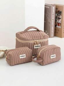 1pc/5pcs Fashionable High-End Rhombus Pattern Travel Makeup Bag, Portable Travel Toiletry Bag, Solid Color Sequin Cosmetic Bag, Portable Storage Pouch, Travel Essential Storage Bag, Back To School Supplies, Soft Fabric Makeup Bag, Fashionable Women Wallet And Handbag, Suitable For Home, Travel, Vacation And School, Bedroom Essential, Bridesmaid Gift, Mother's Day Gift, Birthday Gift - Mocha Brown - View 3