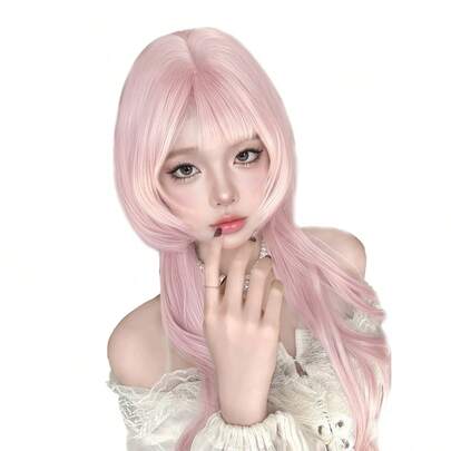 alicegarden 26-Inch Long Synthetic Wig Featuring A Natural Straight Style A Stunning Pink. Designed With Bangs , It Is Crafted From Heat-Resistant Fiber To Ensure Durability. This False Hairpiece Is Perfect For Daily Use, Offering A Natural And Realistic Appearance That Mimics.