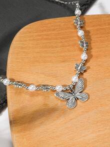 新款时尚仿珍珠蝴蝶项链，个性化复古嘻哈吊坠项链，女士款 - 蝴蝶珍珠項鍊 - 查看 5