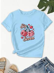 Camiseta casual de manga corta para mujer con cuello redondo, diseño de cerezas, números 6 y 7, y adornos de corazones.Esquema de colores dopamina, suave y transpirable, tela de algodón puro, camisa holgada para el hogar, adecuada para el uso diario en verano, moderna, deportiva, juvenil y versátil, ideal para fiestas, a la moda y única, estilo playero, cómoda para todas las estaciones. RLH3 - Azul - Ver 1
