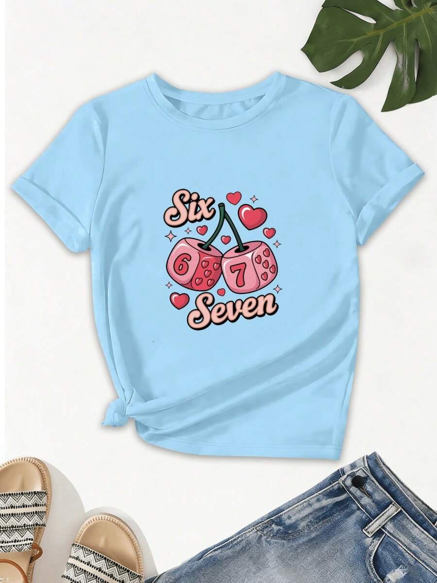 Camiseta casual de manga corta para mujer con cuello redondo, diseño de cerezas, números 6 y 7, y adornos de corazones.Esquema de colores dopamina, suave y transpirable, tela de algodón puro, camisa holgada para el hogar, adecuada para el uso diario en verano, moderna, deportiva, juvenil y versátil, ideal para fiestas, a la moda y única, estilo playero, cómoda para todas las estaciones. RLH3 - Azul - Ver 1