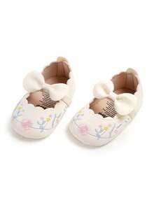 Infant Girls Floral Embroidered Mary Jane Shoes, Soft Non-Slip Sole Crib Shoes, Cute Bow & Scalloped Edge Infant First Walkers For Spring Summer - White - View 8