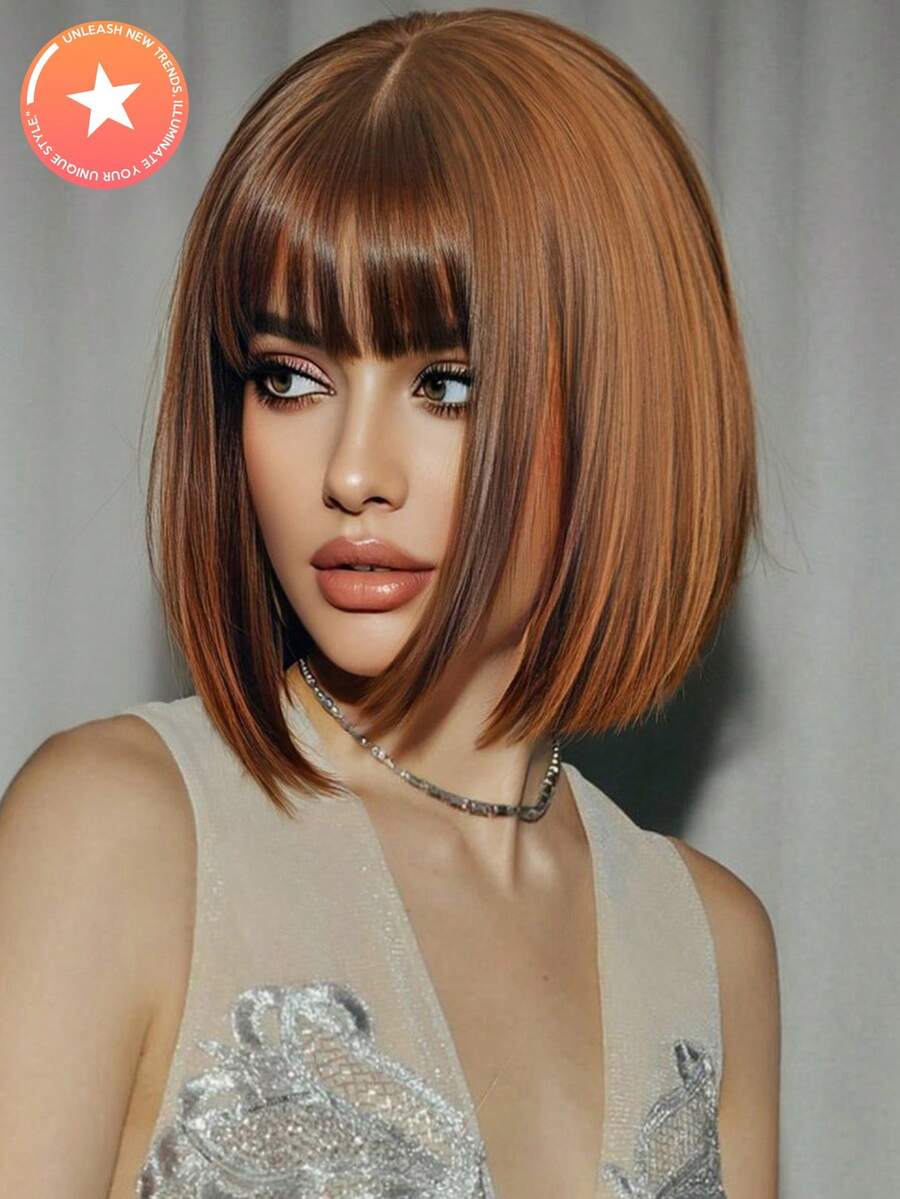Elegant Stright Wig With Short Bangs High Temperature Fiber Rose Net Cap Versatile Styling - Suitable For Cosplay, Parties, And Music Festivals - màu nâu - Xem 1