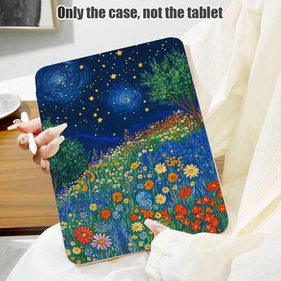 1pc Colorful Floral Field Under Starry Sky Pattern PU Leather Flip Cover Case With 360° Rotating Stand And Pen Slot, Compatible With Samsung A9/A9+/S9/S9FE/A11/A11+/S11/S10 FE/S10 FE+/S10 Lite, Apple Air 5/6, Honor, Matepad, And Other Popular Models, Suitable For Back To School, Valentine's Day, Holiday Gifts