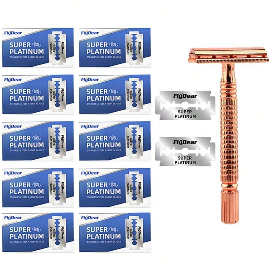 Dao cạo tay mạ vàng hồng, cán kim loại, lưỡi dao hai cạnh bằng thép không gỉ, dụng cụ cạo và tẩy lông, bao gồm 10/20/40/100 lưỡi dao thay thế có cán, có thể tái sử dụng.