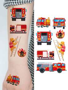 10 Sheets Of Fire Truck Series Temporary Tattoos, Featuring Fire Trucks, Firefighters, Fire Extinguishers, And Firefighting Equipment Elements With 81 Designs. Waterproof, Fun, And Realistic Fake Tattoo Stickers, Perfect As Holiday Or Birthday Party - Multicolor - View 4