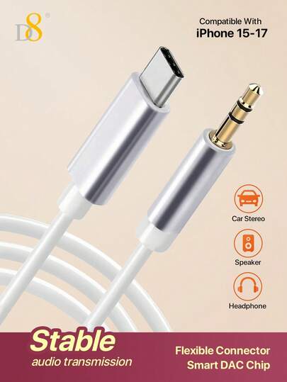 D8 USB-C To 3.5mm Audio Auxiliary Jack Cable, 3.3ft USB Type-C To Male Adapter Cord, Car Headphone Cable, Compatible With IPhone 16/16 Pro/16 Pro Max/15/15 Pro Max/15 Pro, Galaxy S24/S23/S22/S21 Ultra, Pro, Pixel 8 (Gray)