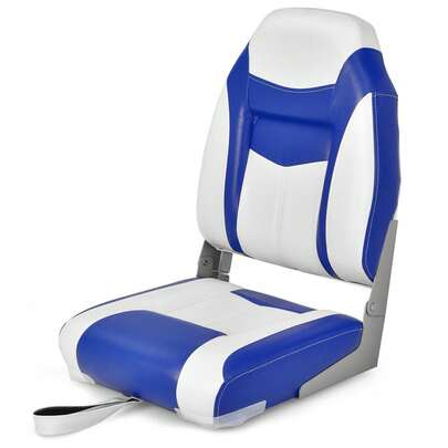 COSTWAY High Back Boat Seat, Folding Fishing Seat With Soft Padded Cushion, Fold-Down Captain Seat With Flexible Hinges, Universal Molded Plastic Frame, 4 Mounting Screws, Blue
