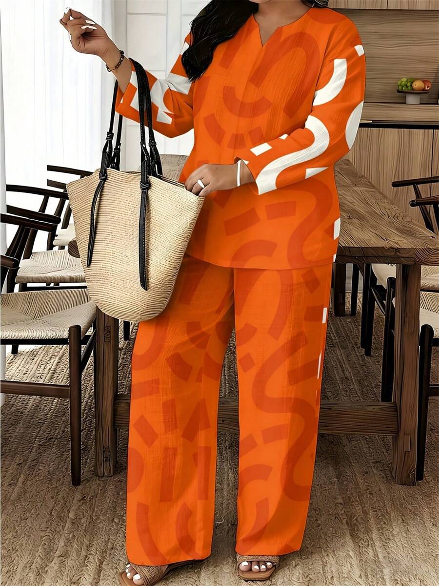 Plus Size Notched Neck Three Quarter Sleeve Top & Wide Leg Pants Two Piece Set For Women, Orange Abstract Geometric Print, Loose Breathable Outfit, Comfortable Versatile For Spring Summer Travel & Home Wear - Multicolor - View 1