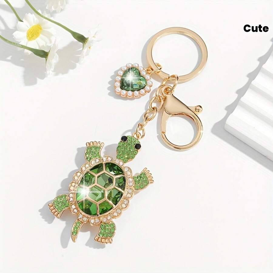 1 Piece Of Fashionable European And American Style Keychain Pendant, Fully Encrusted With Rhinestones, Luxurious, Cute, And Creative, In The Shape Of A Turtle, Suitable For Women's Car Keys, Bag Decoration, And As A Gift - Xanh đậm - Xem 1