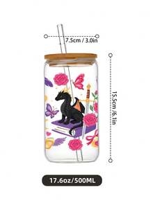 1pc Rose, Butterfly, Star, Magic Dragon Pattern Glass Cup With Lid And Straw, Drinkware, Fantasy Little Black Dragon, Ideal Gift, Souvenir, Suitable For Home And Office - Multicolor - View 5