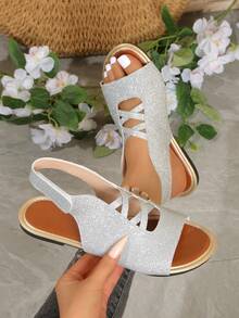 Women's Glitter Hollow Out Flat Sandals - Open Toe One-Strap Casual Summer Beach Holiday Daily Wear Shoes - Silver - View 1