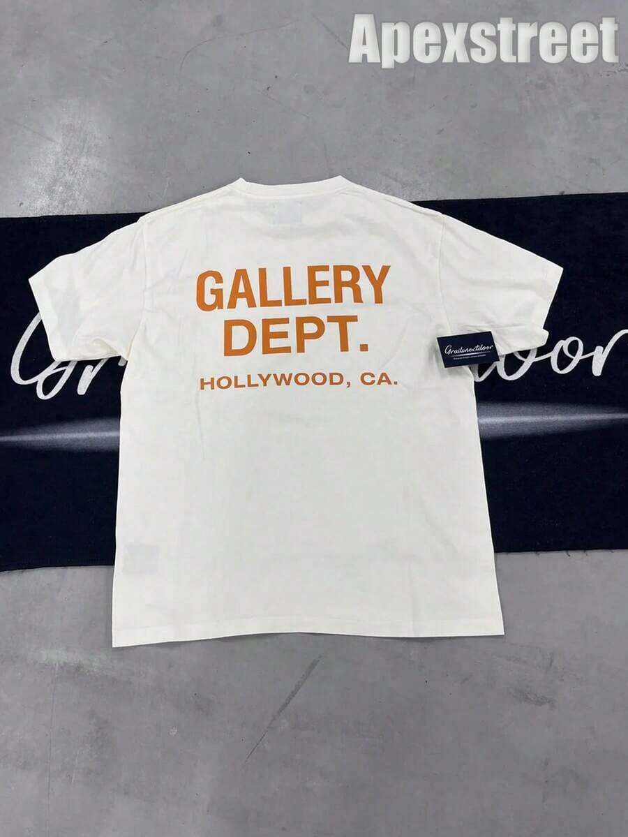 Gallery "Cream Orange" Shirt, Cotton Printed T-Shirt,Men's Graphic Stylish Design T-Shirt,Vintage Casual Hip-Hop Style For Outdoor Leisure Activities - 杏色 - 查看 1