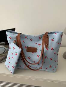Cherry Pattern Shoulder Bag & Coin Purse 2 Pieces Set, New Arrival Spring/Summer For Women - Blue - View 11