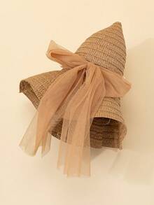 1pc Women's Khaki Wavy Striped Bow Beach Sun Hat, Elegant Sun Protection Beach Hat For Summer Travel And Vacation - Khaki - View 3