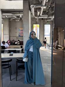 Áo Abaya dài thanh lịch dành cho nữ, được làm từ chất liệu vải dệt kim thoải mái, thiết kế tay dài thông thường với độ co giãn nhẹ, thời trang và đa năng. - Màu xanh lam - Xem 3