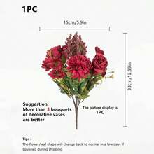 1pc Artificial Flower - Rose, Hydrangea, Daisy, Faux Flower Bouquet, Suitable For Home, Dining, Living Room, Outdoor Garden Decoration, Used For Wedding, Home Garden And Party Decoration, Artificial Flowers, Wedding Flowers, Bridal Bouquet, Wedding Supplies, Wedding Decorations, Decorative Flowers, Spring Decorations - Red - View 3