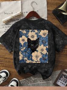 夏季新款休闲花卉黑猫印花圆领扎染短袖T恤，时尚百搭女式上衣 - 黑色 - 查看 4