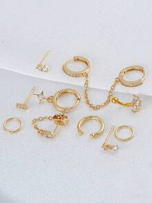 Set Anting Rantai Zirkonia Kubik Elegan, Anting Berlapis yang Dapat Ditumpuk, Cocok untuk Pemakaian Sehari-hari Wanita, Kencan, dan Pesta - Yellow Gold - View 3