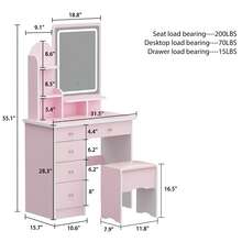 Makeup Vanity Set With Intelligent Touch LED Lighted Mirror, 5 Drawers, 4 Storage Shelves, And Cushioned Stool – Modern Dressing Table With Upgraded Crystal Handles And Smooth Drawer Slides - Pink-with light - 查看 4