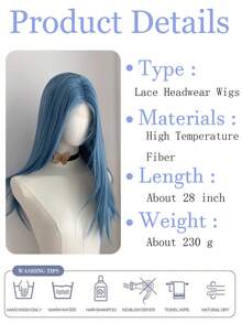 28 Inch U-Part Lace Front Blue Long Straight Center Parting Synthetic Wig, Suitable For Holidays, Parties Or Cosplay - Dusty Blue - View 7