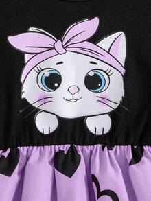 Girl's Lively Casual Cute Fashion Spring/Summer New Outfit, Cartoon Cat Print Round Neck Drawstring Waist Heart Ruffle Hem Dress, Soft & Comfortable, Elegant Personalized, Suitable For Commuting & Outdoor Summer Wear - Purple - View 6
